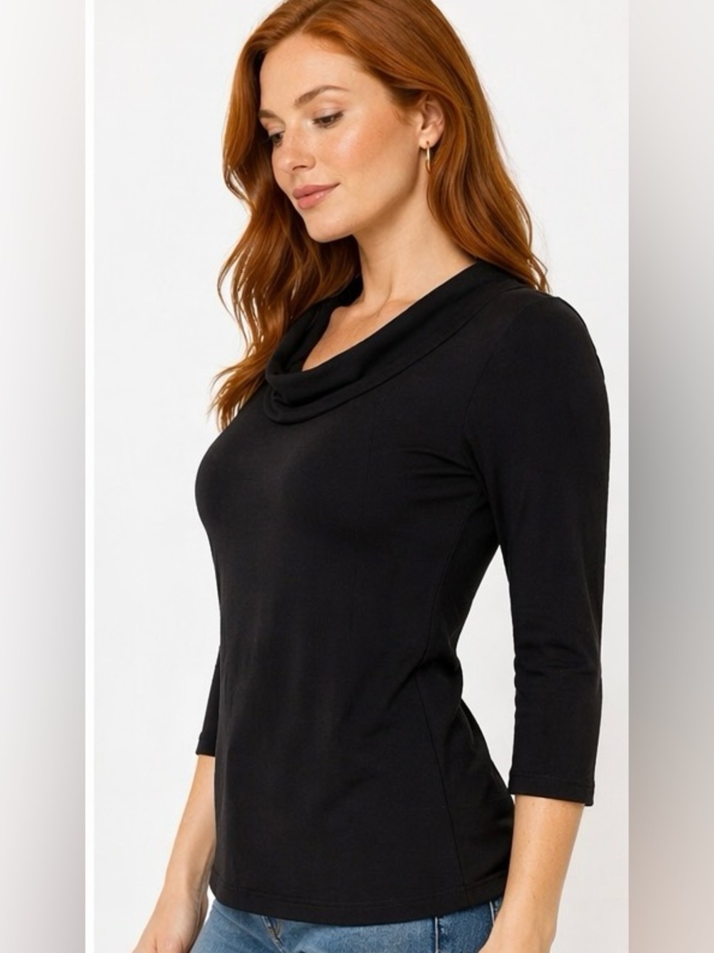 Black Cowl Neck Top XXS | Side Zip Slim Fit Stretch Blouse Elegant Minimalist - Picture 2 of 6